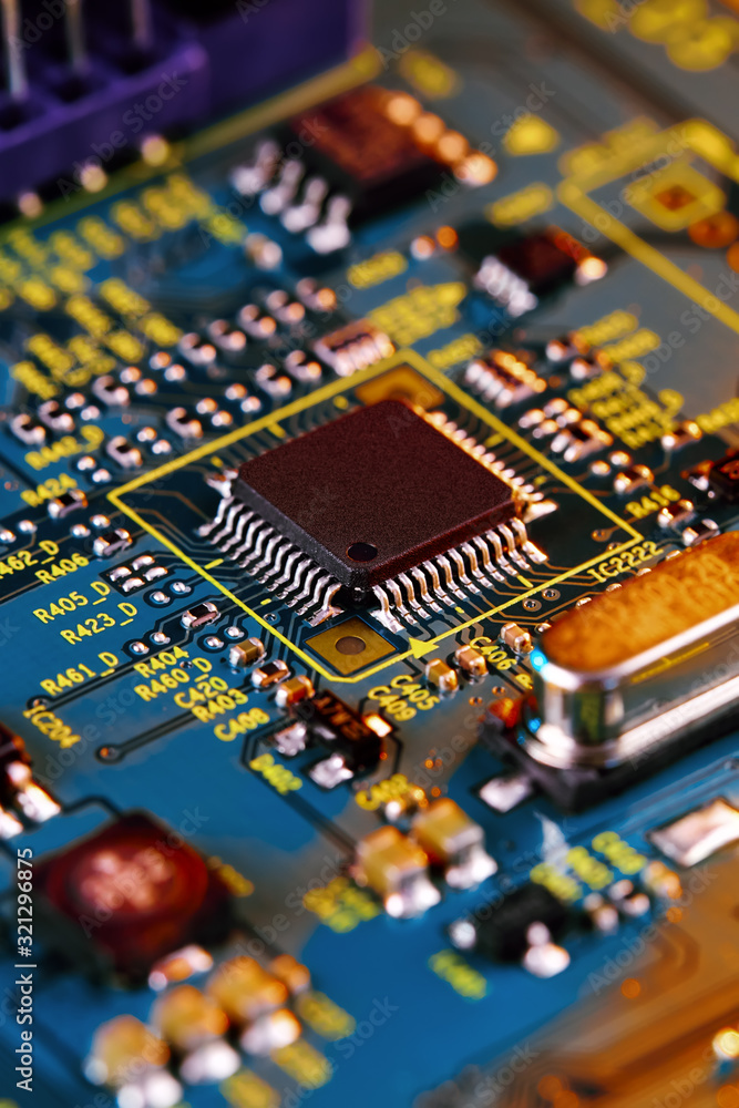 Poster electronic circuit board with electronic components such as chips close up. the concept of the elect