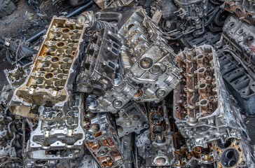 Stack of aluminium alloy cylinder head for recycling. . Scrap engines parts for recycling.