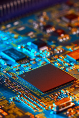 Electronic circuit board with electronic components such as chips close up. The concept of the...