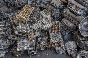 Stack of aluminium alloy cylinder head for recycling. . Scrap engines parts for recycling.