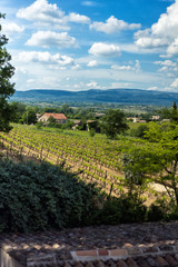 Fototapeta na wymiar Verrtical scenic amazing view from Menerbes, one of most beautiful villages of France, of Luberon hills and vineyards in Provence, France. Rural agricultural french landscape. Travel destination