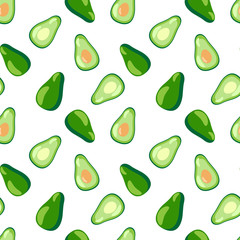 Seamless pattern with cartoon avocado on white background. Organic texture.