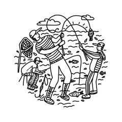 fishing angling fishermen doodle vector circular illustration