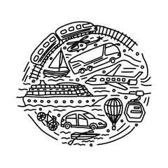 Fototapeta premium transportation different vehicles round vector doodle illustration