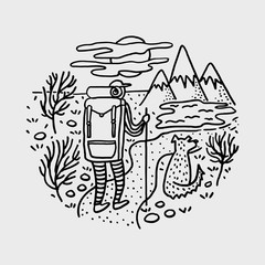 backpacking hiking man with a dog doodle vector illustration