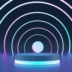 Obraz premium 3d abstract minimal geometric stage for products show . Neon light background. Blue ,pink and ultraviolet color that glowing in the darkness. Laser lines show.