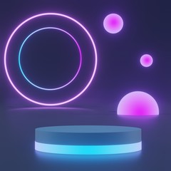 3d abstract minimal geometric stage for products show . Neon light background. Blue ,pink and ultraviolet color that glowing in the darkness. Laser lines show.