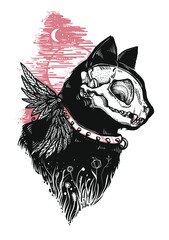 Hand drawn illustration with cat and cat skull. Graphic drawing. Gothic dark style. Black cat silhouette. Good print or tattoo template. - 321298422