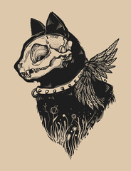 Hand drawn illustration with cat and cat skull. Graphic drawing. Gothic dark style. Black cat silhouette. Good print or tattoo template. - 321298430