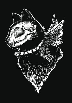 Hand drawn illustration with cat and cat skull. Graphic drawing. Gothic dark style. Black cat silhouette. Good print or tattoo template.