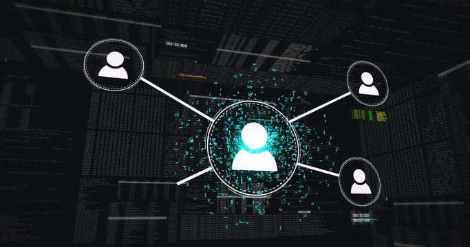 Spreading connection network surrounded by code, data and numbers inside a computer system - 3D animation - Powered by Adobe