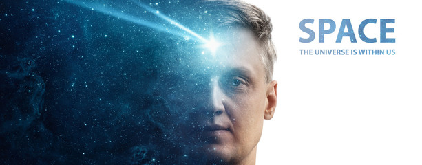 Silhouette of a man with the space as a brain isolated on white background. The universe is within us, flying asteroid is a symbol of human thinking.  Elements of this image furnished by NASA.
