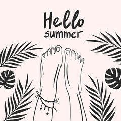 Bare feet with tropical leaves. Tropical leaves. Hello summer. Vector linear drawing.