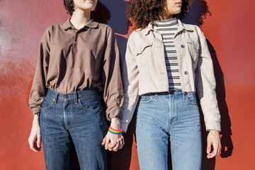 lesbian couple of young women holding hands