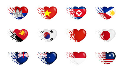 Set of Australia, Cambodia, China, Indonesia, Japan, Malaysia, New Zealand, North Korea, Papua New Guinea, Philippines, South Korea, Vietnam national flags with fly out small hearts on white