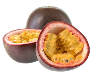 Cut passion fruit close up isolated
