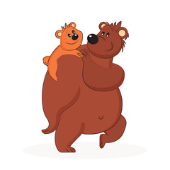Cute animal character illustration A small little bear (son) on his father's shoulder.