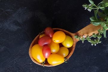 Mini tomatoes on a wooden spoon with sprigs of basil on a dark concrete background