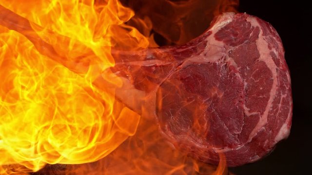 Super Slow Motion Footage of Premium Tomahawk Meat in Fire at 1000fps.