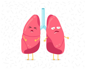 Cartoon lung character afraid dust or dangerous viral infections. Human internal organ prevents sick pneumonia tuberculosis airborne droplet. Medical warning disease protection vector illusrtation