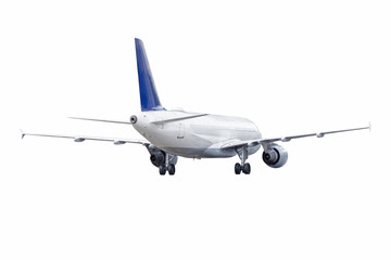 Passenger airplane liner jet back view isolated on a white background.