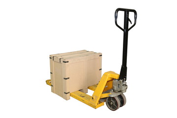 Hubwagen mit Holzkiste zum Transport