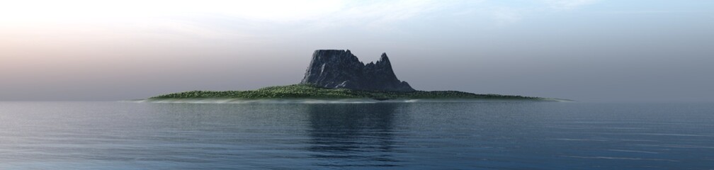 Panorama of a seascape with a tropical island, a rocky island with a sandy beach and palm trees, 3D rendering