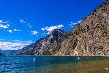 Mountain landscape with blue Seton Lake in Coastal Mountains. Lillooet, British Columbia, Canada.