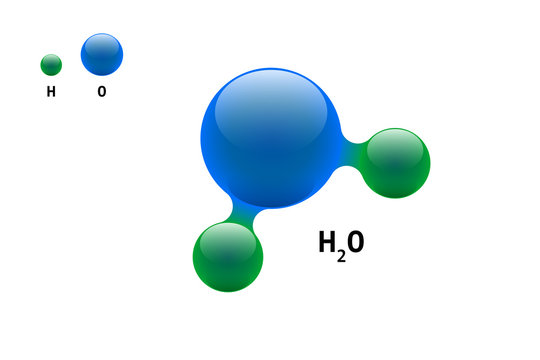 Chemistry model molecule water H2O scientific element formula. Integrated particles natural inorganic 3d molecular structure consisting. Two hydrogen and oxygen volume atom vector spheres