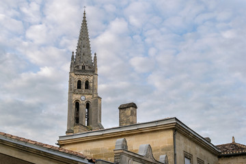 Fototapeta na wymiar Bell tower of the church Monolith de Saint Emilion. Medieval architecture. Aquitaine, France, Europe