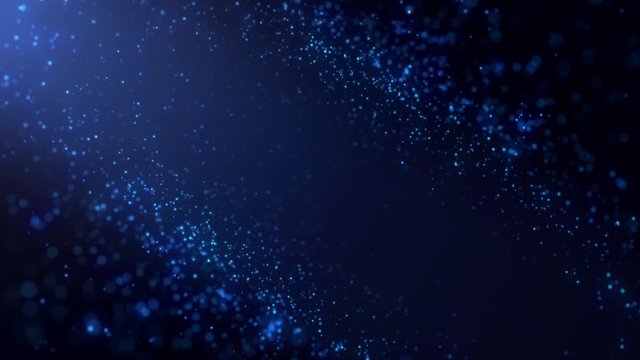 Blue particles abstract background with flare shining floor particle stars dust.Beautiful futuristic glittering fly movement flickering loop in space on black background.