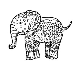 Hand drawn elephant coloring page. Coloring book page for adults, joy to order children and adult colorist. Black and white background. Vector