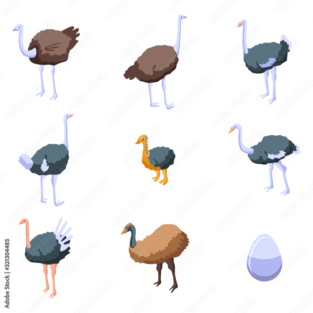 Poster ostrich icons set. isometric set of ostrich vector icons for web design isolated on white background