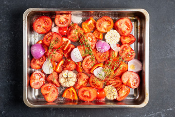 Ready for roasting vegetables as a main ingredient for tomato soup
