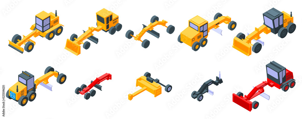 Poster grader machine icons set. isometric set of grader machine vector icons for web design isolated on wh