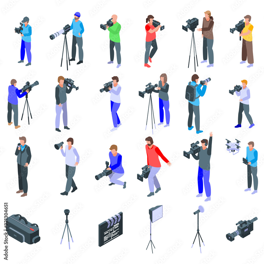 Poster cameraman icons set. isometric set of cameraman vector icons for web design isolated on white backgr