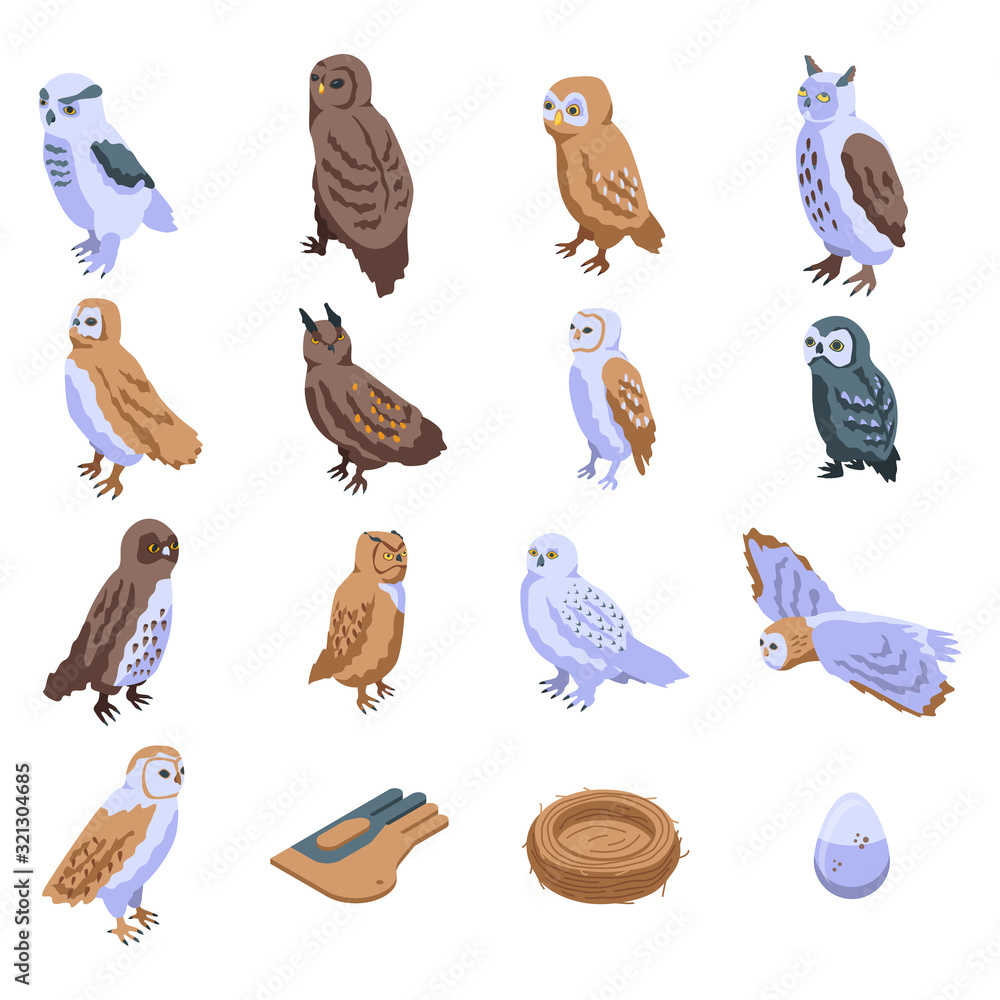 Wall mural Owl icons set. Isometric set of owl vector icons for web design isolated on white background - Wall murals