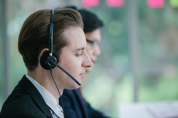 Call center using headphone contract conversation with customer service online. Technical support operator Concept