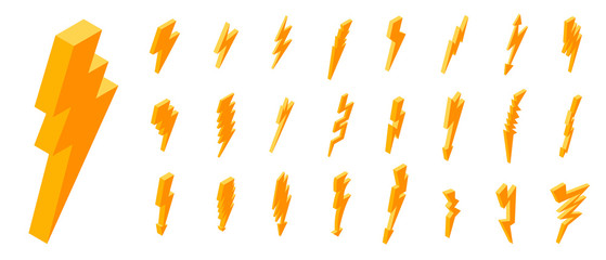 Lightning bolt icons set. Isometric set of lightning bolt vector icons for web design isolated on white background