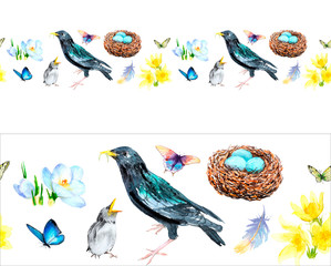 watercolor horizontal banner, seamless pattern. Spring flowers