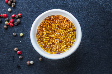 mustard cereal sauce (French or Dijon recipe) menu concept. background. top view. copy space