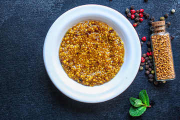 mustard cereal sauce (French or Dijon recipe) menu concept. background. top view. copy space