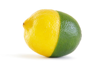 Half lime and half lemon looks like a one fruit, unity concept, on white background, isolated