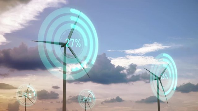 Modern Wind Turbines with digitally generated holographic display tech data visualization.Wind Turbines with clean energy counter layout for sustainable development in a green ecologic way
