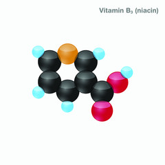 The molecule of vitamin B3 (niacin). Vector illustration in 3d style, isolated on white background.
