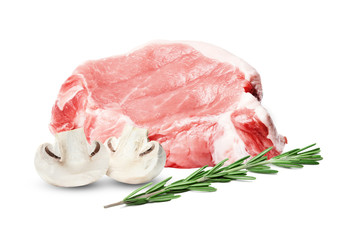 A piece of pork, a sprig of rosemary and champignon isolated on a white background. An element of your design.
