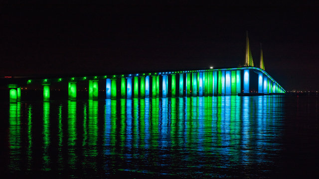 Skyway Bridge light display—verdant green
