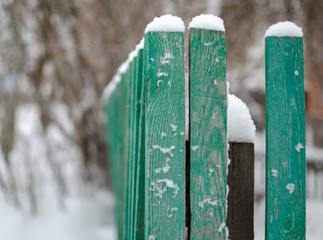 old green fence under the snow