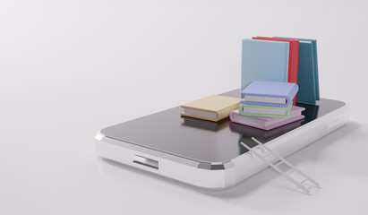 Color books and smart phone on white background, online school concept 3D rendering