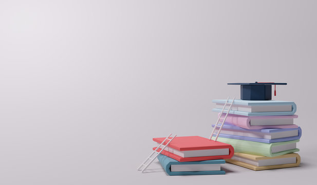 Graduation cap on books, back to school concept 3D rendering